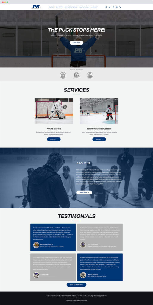 pk goaltending website mockup